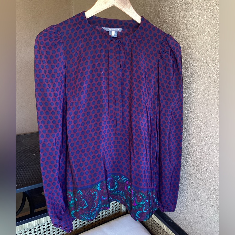 Tegan 100% Silk Crepe de Chine Blouse Bow Neck Mulberry Purple Blue Polka Dot 6